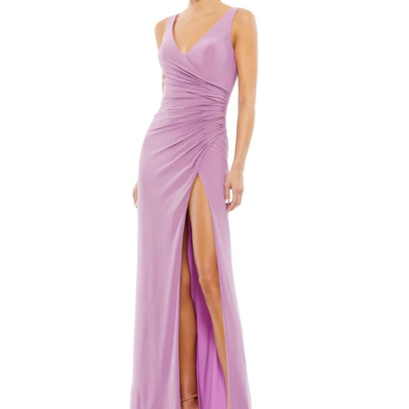 MAC DUGGAL 26513 RUCHED STRETCH JERSEY V-NECK THIGH SLIT LILLAC GOWN sz 8 - Picture 1 of 7